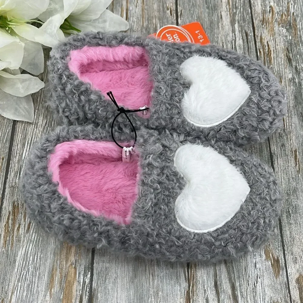 Little Girls Sherpa Faux Fur Fuzzy Heart Slippers Shoes Size 13/1